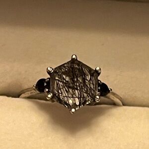 Hexagon Cut Ring, Black Rutilated Quartz Ring, 925 Silver Ring Size Six